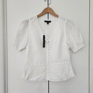 Banana Republic Puff Sleeve Covered Button Linen Blend Peplum Top White Size S